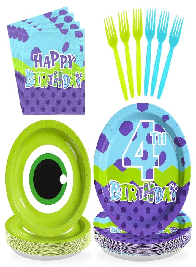 Greencian 96Pcs Monster Birthday Party Supplies 4th Monster Theme Party Plates and Napkins Disposable Green and Purple Cartoon Tableware Set for Kids 4th Birthday Baby Shower Decorations Serves 24 - Image 1